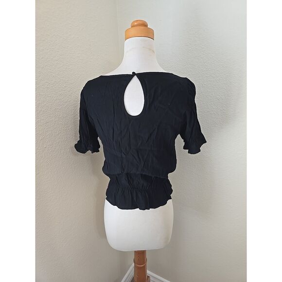 For LOVE & LEMONS Puff Sleeve Blouse Womens Xs Black Keyhole Top Viscose - Picture 3 of 8